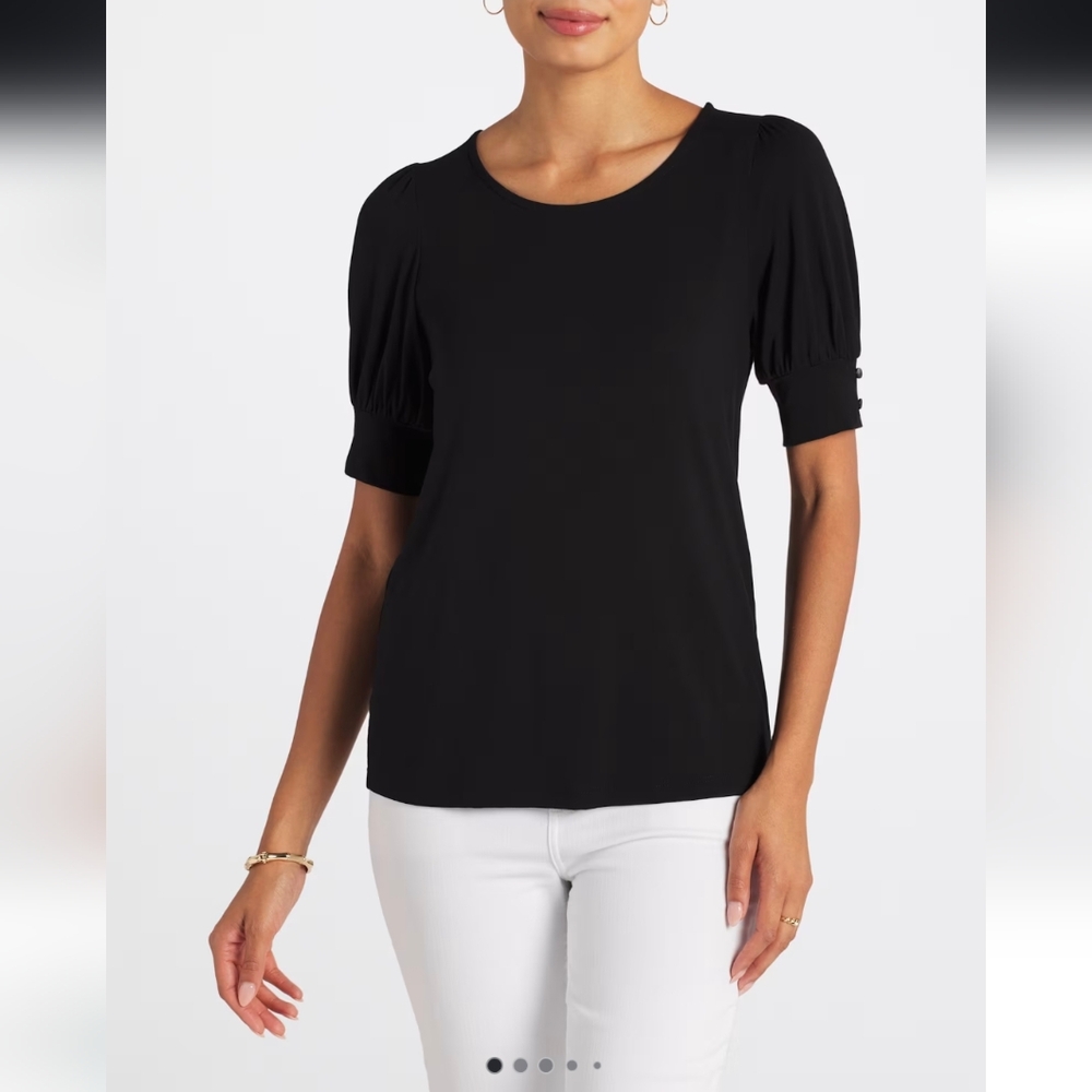 Black Puff Sleeve Women’s Top - Classic Crew Neck